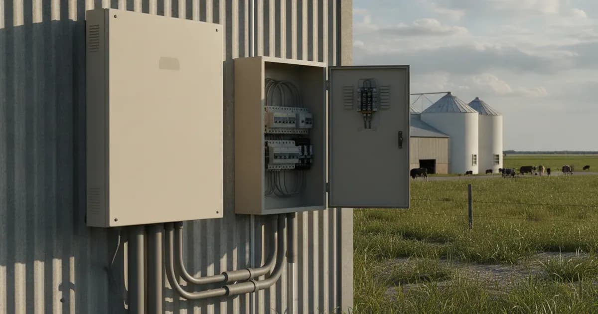Three-phase solar inverter and electrical panel mounted on a farm building wall with a grain silo in the background. — SolarNevs spec card