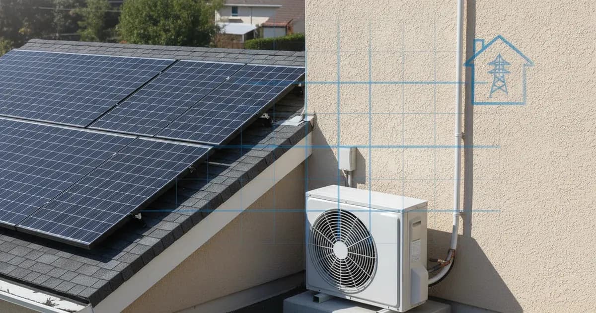 Air source heat pump unit in a back garden with rooftop solar panels on a red brick residential house. — SolarNevs spec card