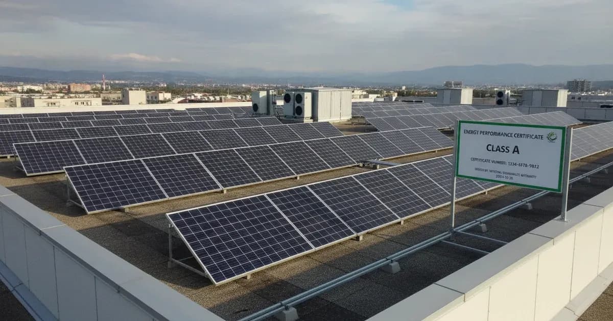 A commercial rooftop solar PV installation on a building with an EPC certificate visible — SolarNevs spec card