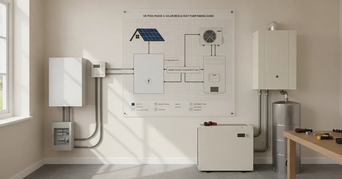 A high quality technical diagram of uk psds phase 4 solar bess and heat pump pairing guide — SolarNevs spec card