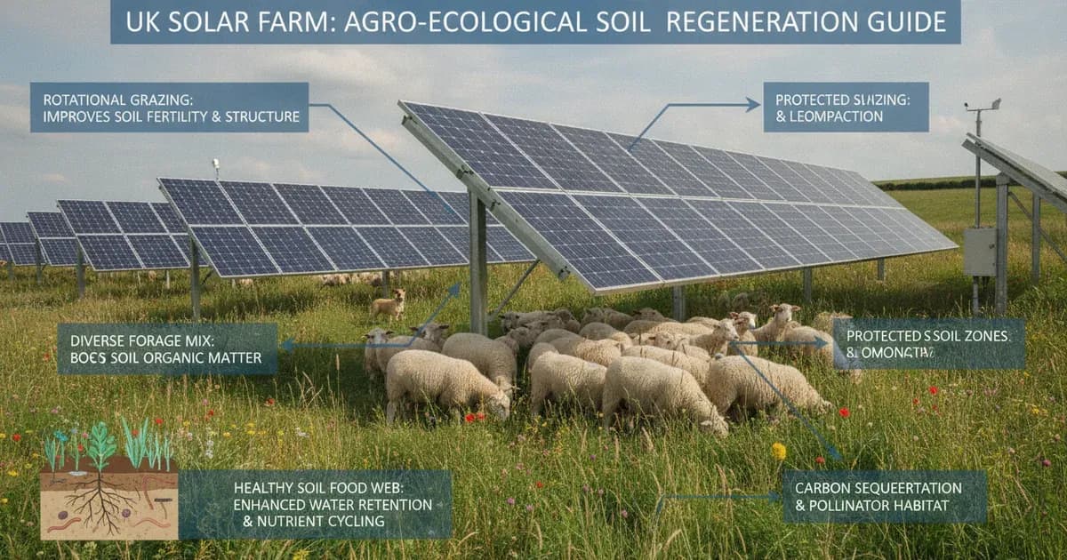 A high quality technical diagram of uk solar farm sheep grazing and soil regeneration guide — SolarNevs spec card