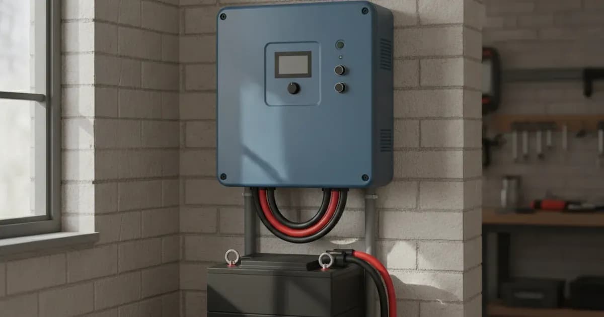 A clear, well-lit photo of the Victron ECOmulti unit mounted on a wall, with battery connections visible — SolarNevs spec card