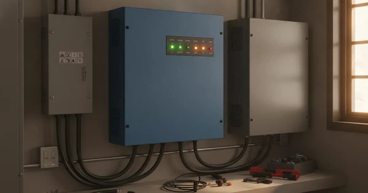 Victron Multi or Quattro inverter/charger connected to a grid, showing status lights — SolarNevs spec card