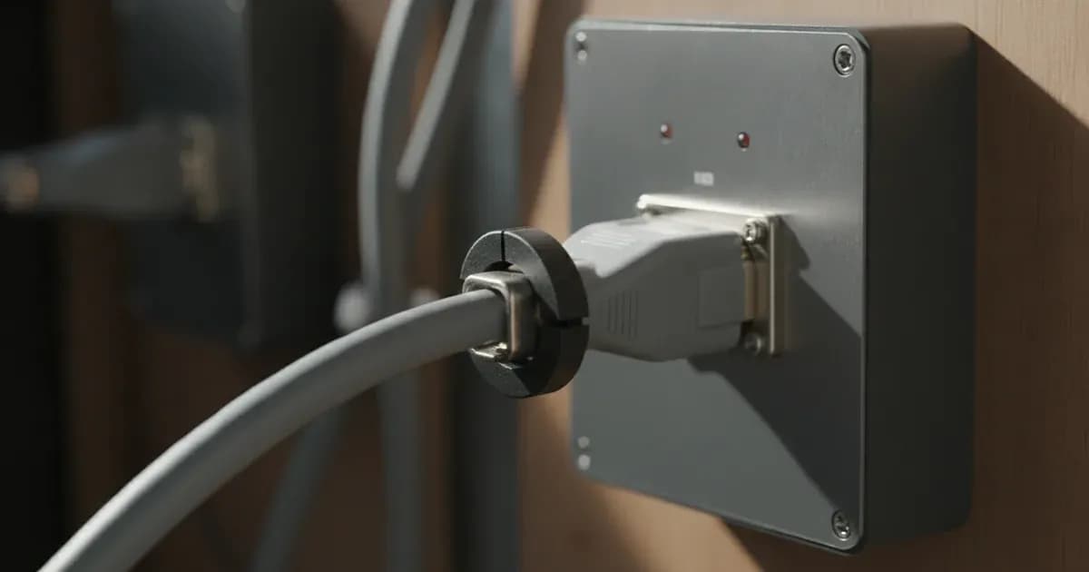 Ethernet communication cable with snap-on ferrite core plugged into a solar monitoring gateway module. — SolarNevs spec card