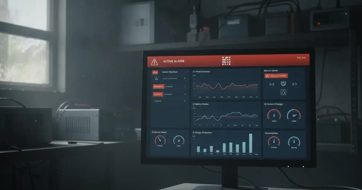 A screenshot of the Victron VRM Portal dashboard showing an active alarm notification — SolarNevs spec card