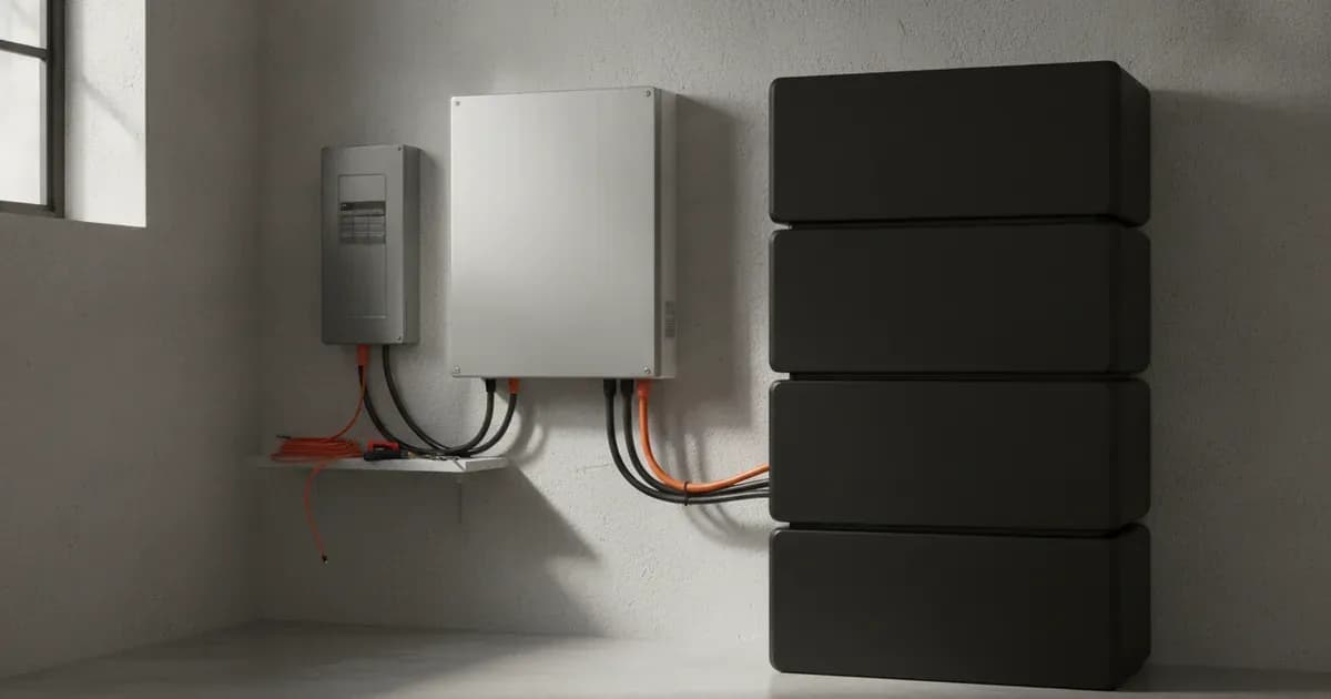 A Sungrow SH5.0RT or SH10RT hybrid inverter mounted on a wall, with a battery bank visible nearby — SolarNevs spec card