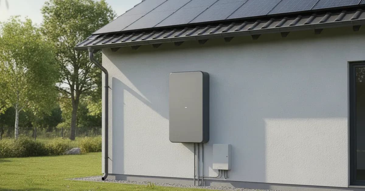 A Tesla Powerwall 3 unit mounted on an exterior wall, with solar panels visible in the background — SolarNevs spec card