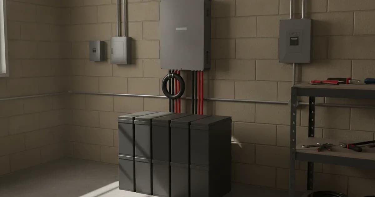 a Sunsynk inverter connected to a generic battery bank with a ferrite ring visible on the cables — SolarNevs spec card