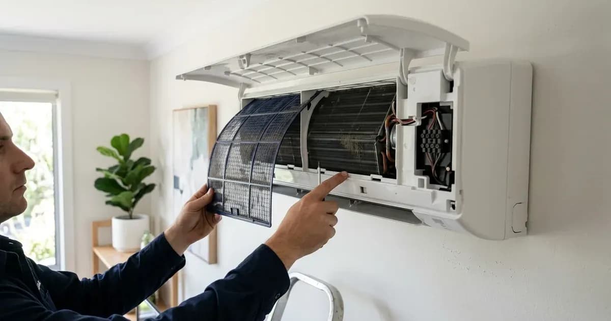 Technician inspecting internal filters and wiring panel of an opened split inverter air conditioner. — SolarNevs spec card