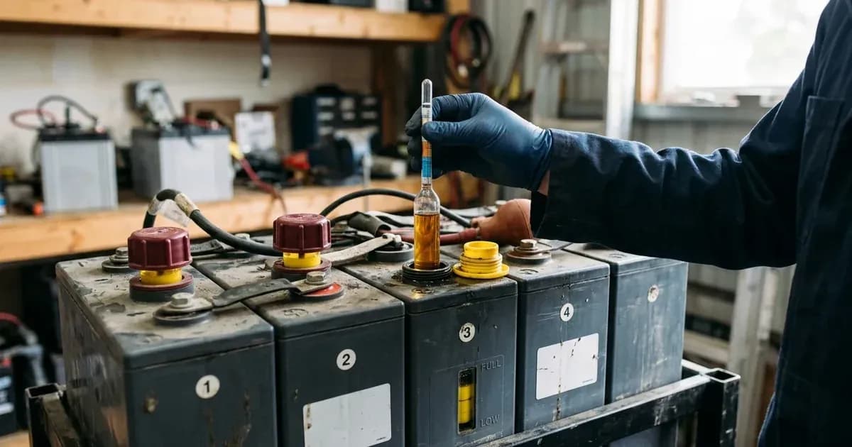 Technician testing electrolyte specific gravity in a tubular deep-cycle solar battery using a hydrometer. — SolarNevs spec card