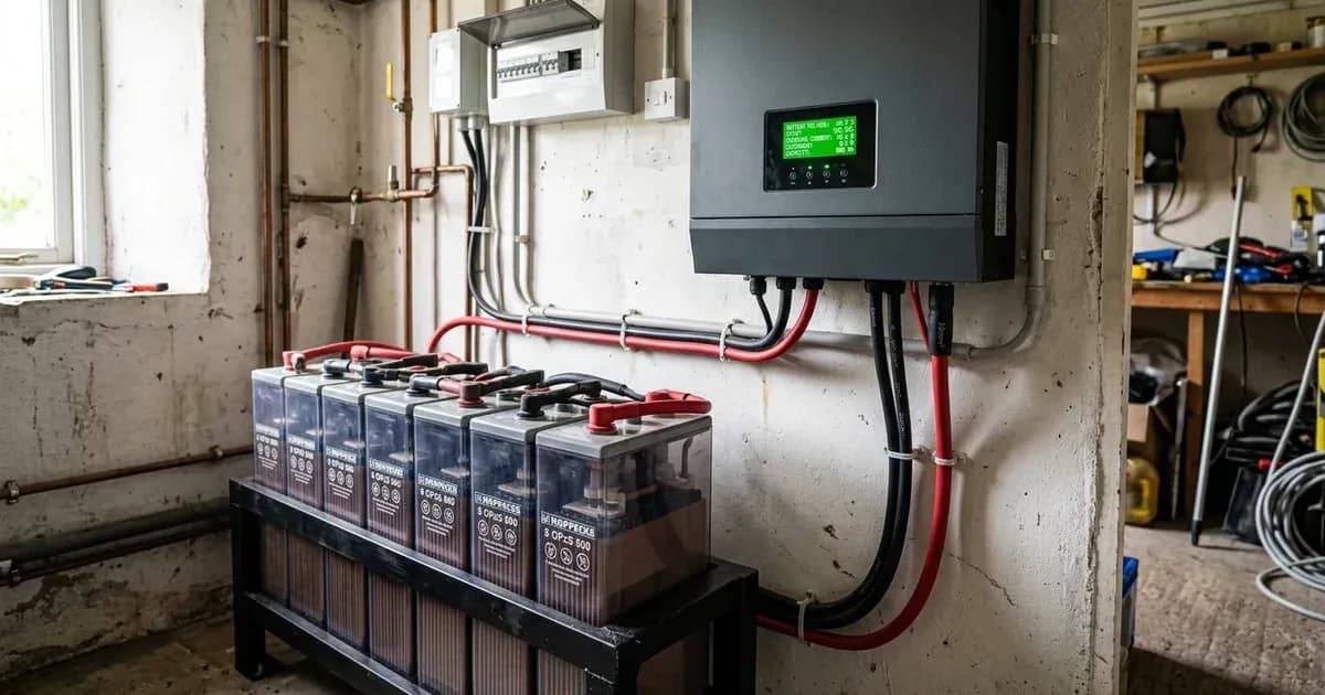 Wall-mounted solar inverter with LCD screen wired to a tubular deep-cycle lead-acid battery bank. — SolarNevs spec card