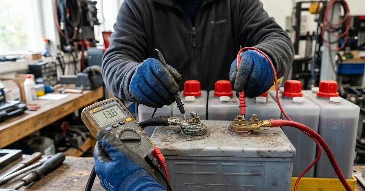 Technician testing DC terminal voltage on a tubular deep-cycle lead-acid battery using a digital multimeter. — SolarNevs spec card