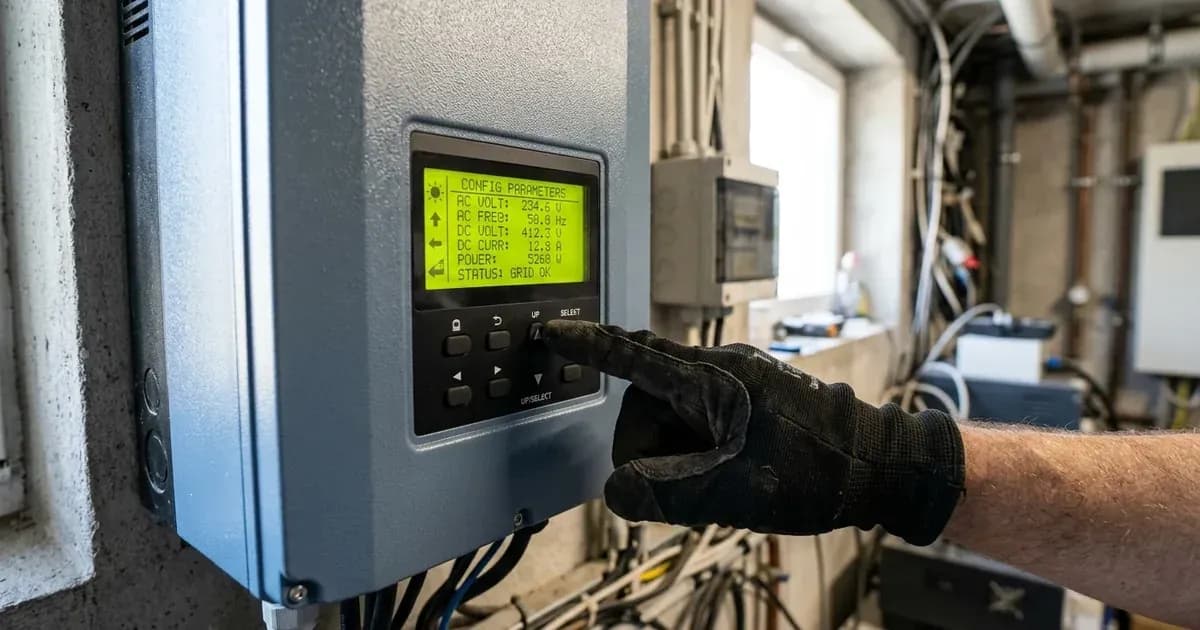 Gloved hand pressing buttons to configure operating parameters on a solar inverter LCD panel. — SolarNevs spec card