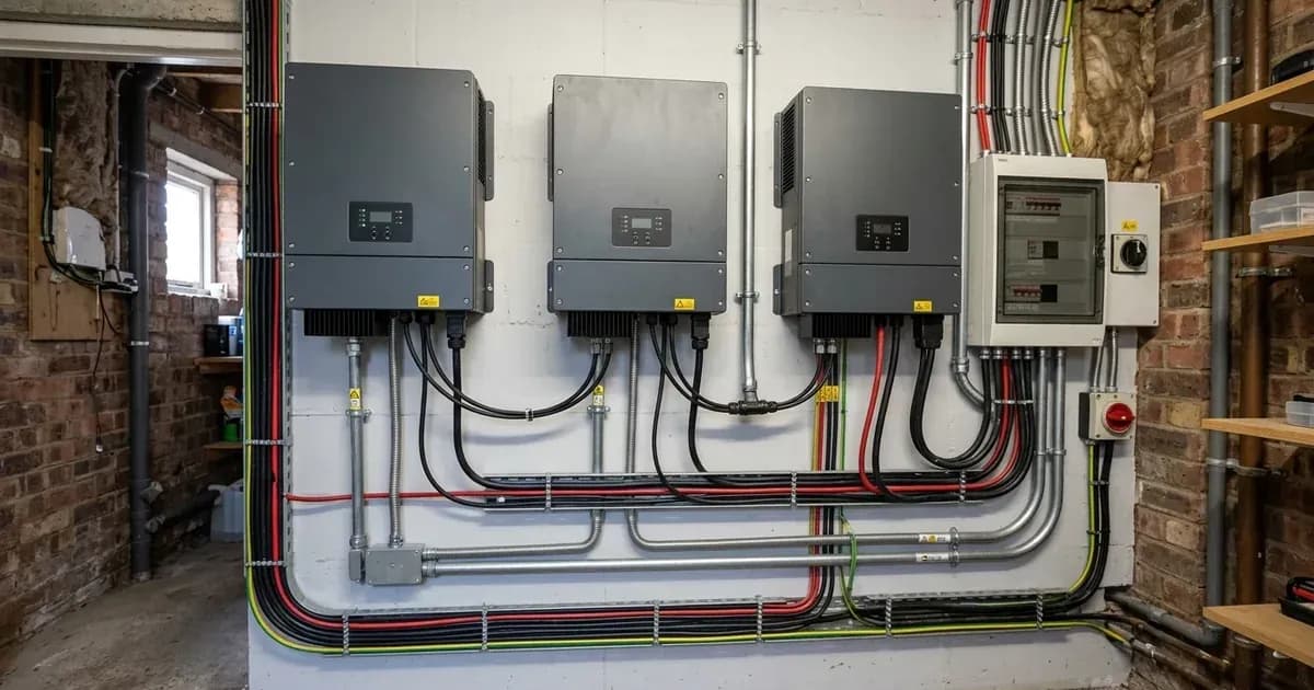Multiple solar inverters mounted side by side in parallel configuration with communication wiring conduits. — SolarNevs spec card