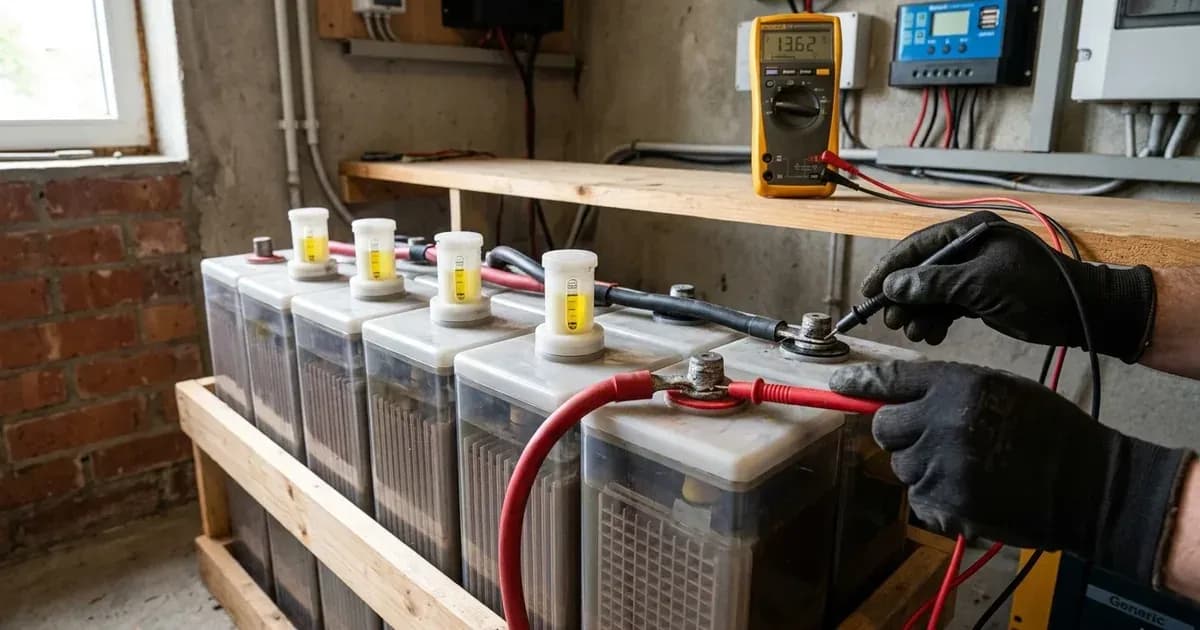Multimeter probes testing terminal voltage on a tall tubular deep-cycle solar battery. — SolarNevs spec card