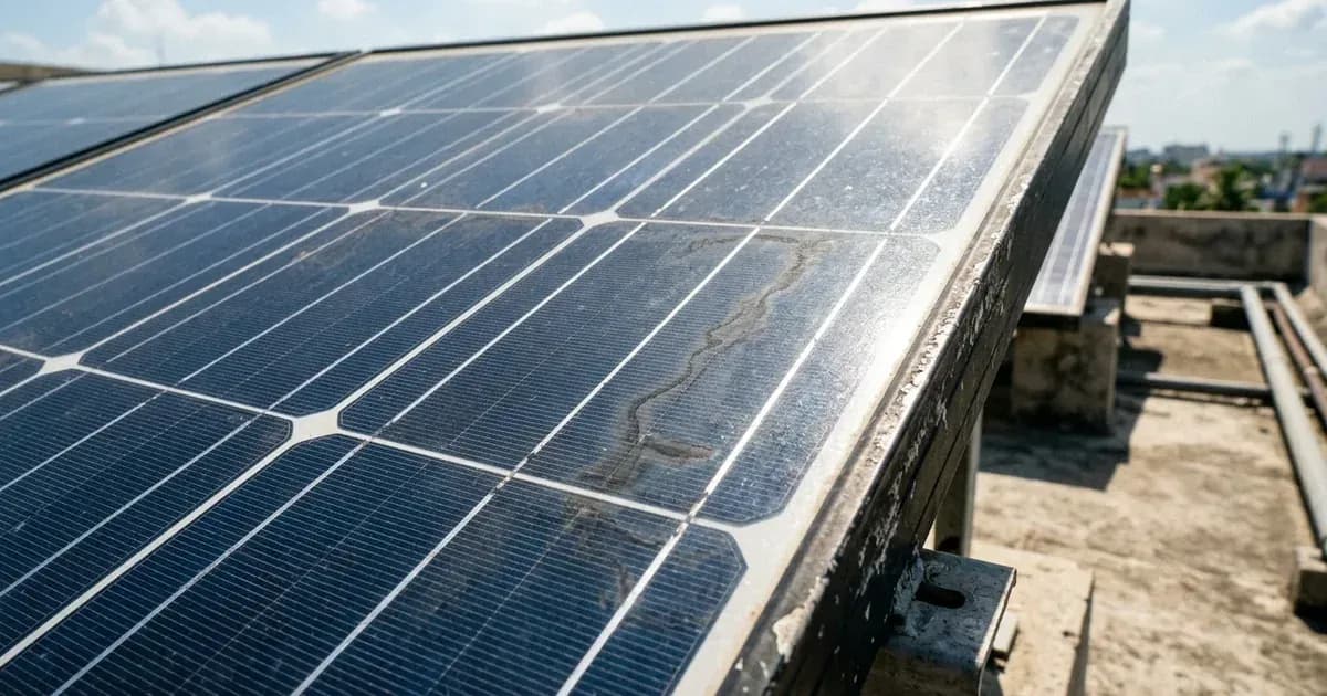 Close-up of solar panel photovoltaic cells showing surface discoloration and degradation under bright sun. — SolarNevs spec card