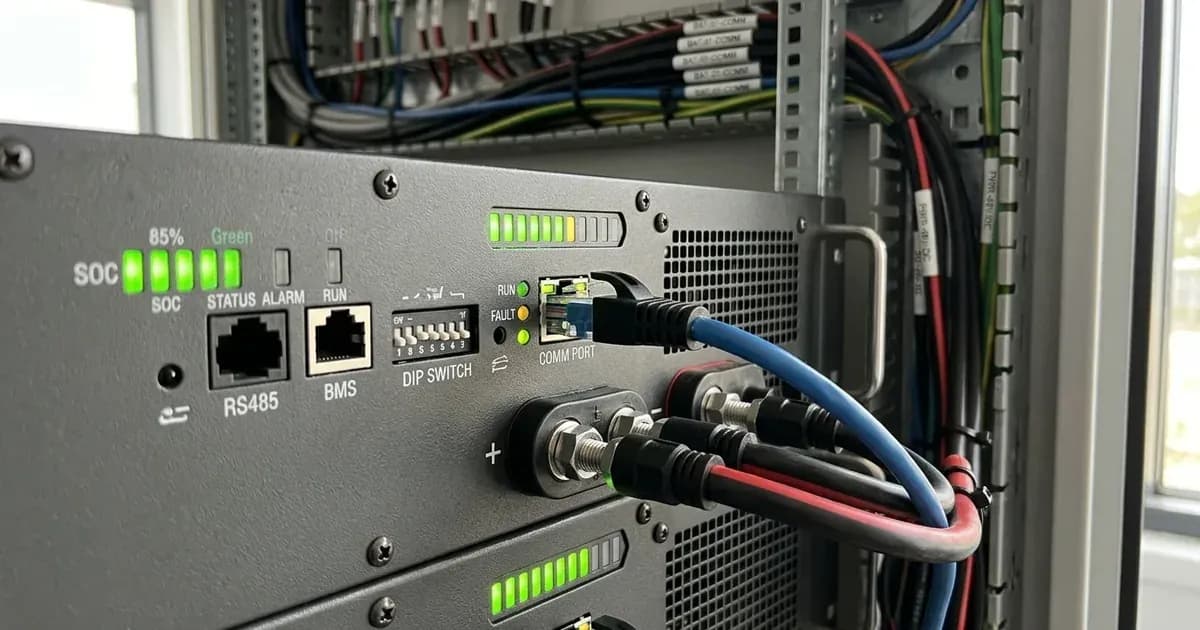 RJ45 communication cable plugged into a rack-mounted lithium battery module communication port. — SolarNevs spec card