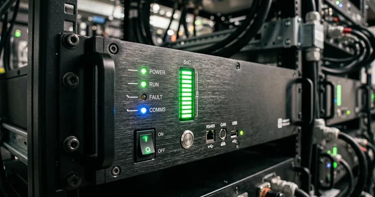Front control panel of a rack-mounted lithium battery module with illuminated status and charge LED indicators. — SolarNevs spec card