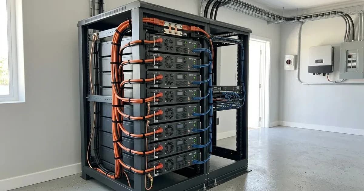 Server rack cabinet loaded with modular 48V lithium battery units and neatly organized power cables. — SolarNevs spec card