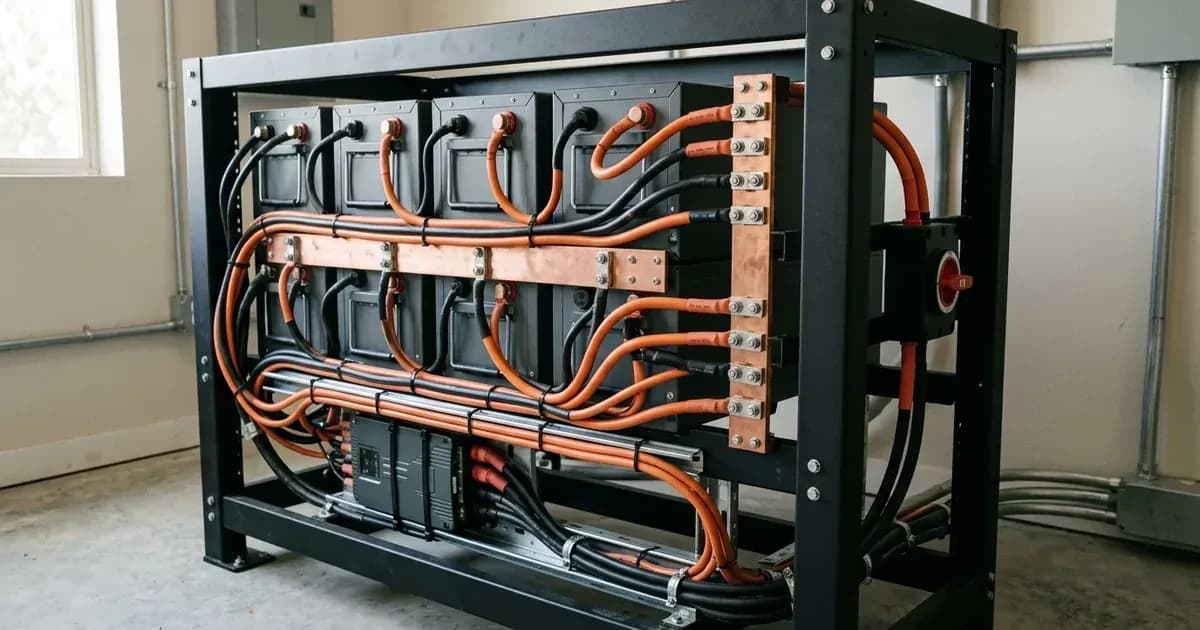 Rack-mounted lithium solar batteries connected to heavy copper busbars in an energy storage rack. — SolarNevs spec card