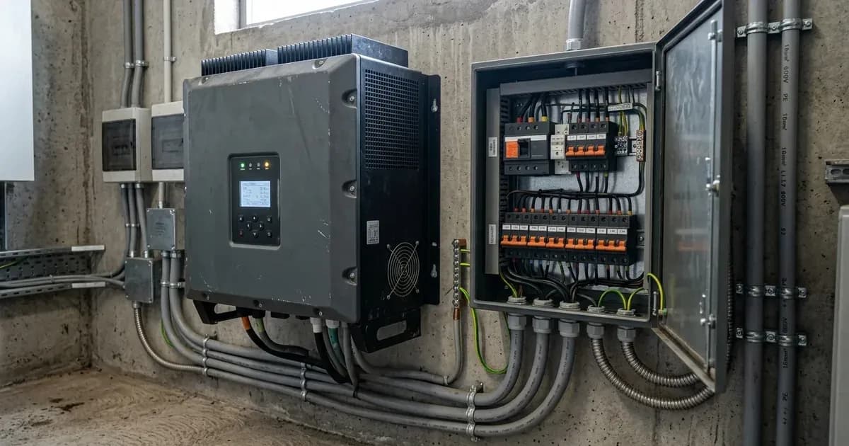 A heavy-duty hybrid solar inverter and electrical distribution panel mounted on a utility room wall. — SolarNevs spec card