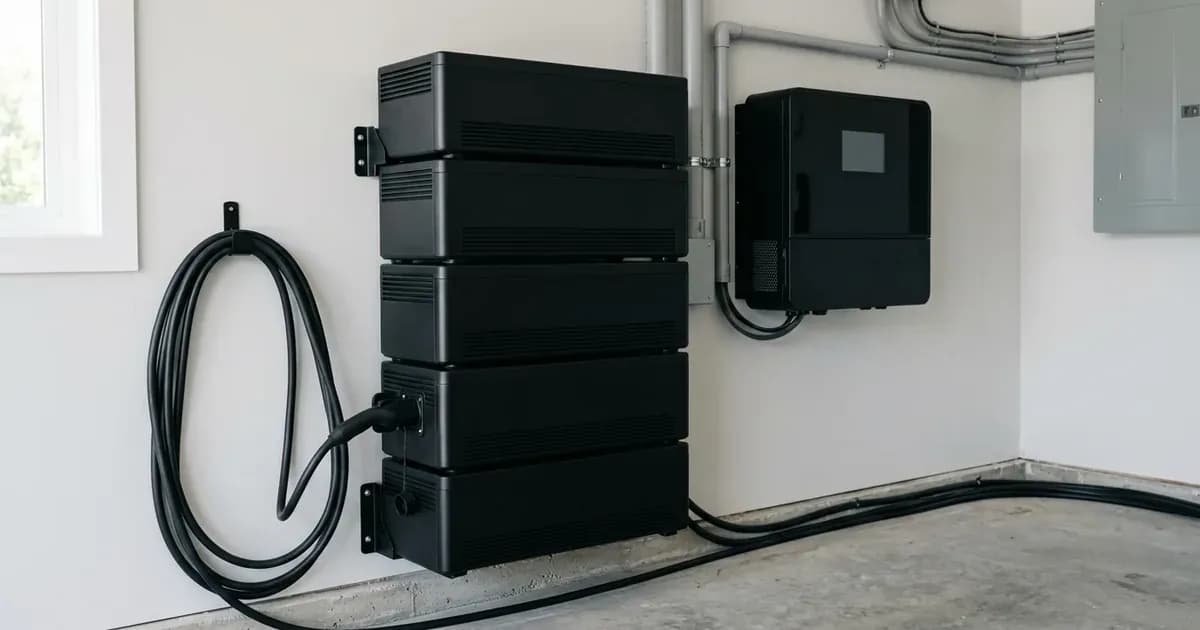 Stacked modular energy storage battery unit with an EV charging cable connected in a garage utility area. — SolarNevs spec card