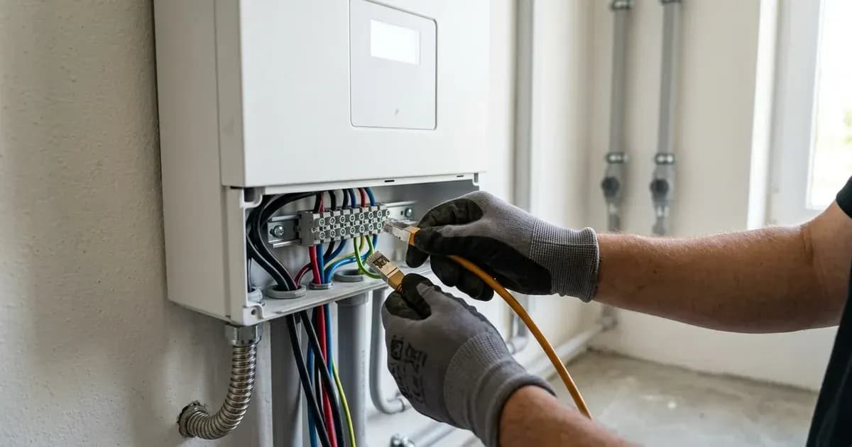 Installer connecting a communication cable to the open wiring compartment of a wall-mounted battery inverter. — SolarNevs spec card