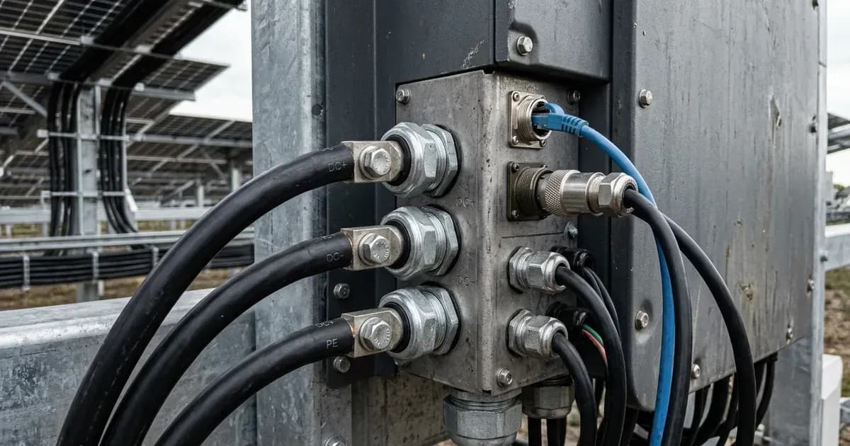 Close-up of DC cable gland entries and communication connectors on a commercial solar inverter. — SolarNevs spec card