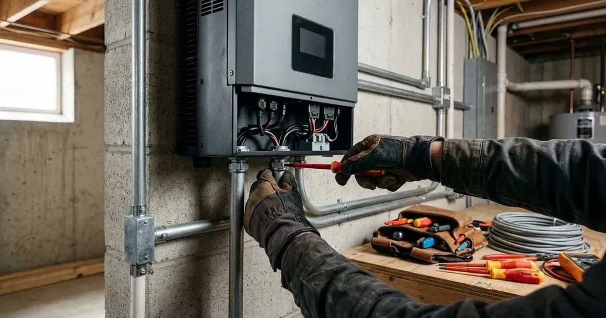 Installer securing conduit and wiring fittings at the base of a wall-mounted hybrid solar inverter. — SolarNevs spec card