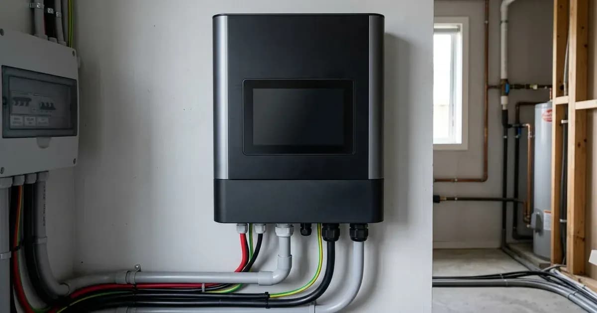 Wall-mounted all-in-one hybrid solar inverter with front screen and conduit wiring in a utility room. — SolarNevs spec card