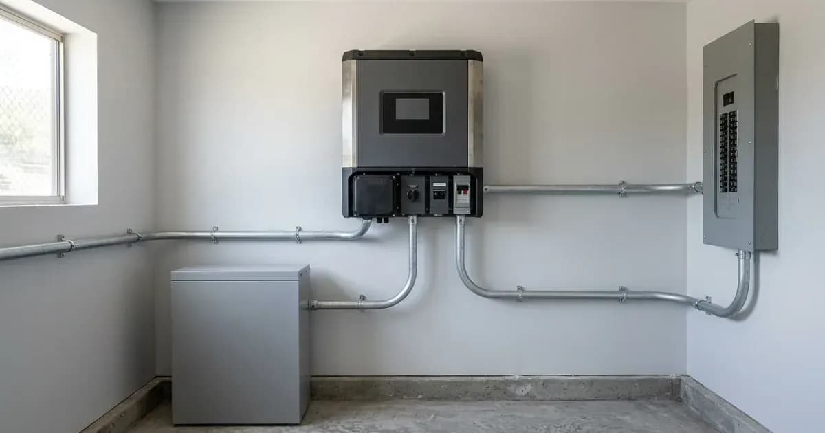 Wall-mounted hybrid solar inverter with conduit lines connected to battery storage and electrical service panel. — SolarNevs spec card