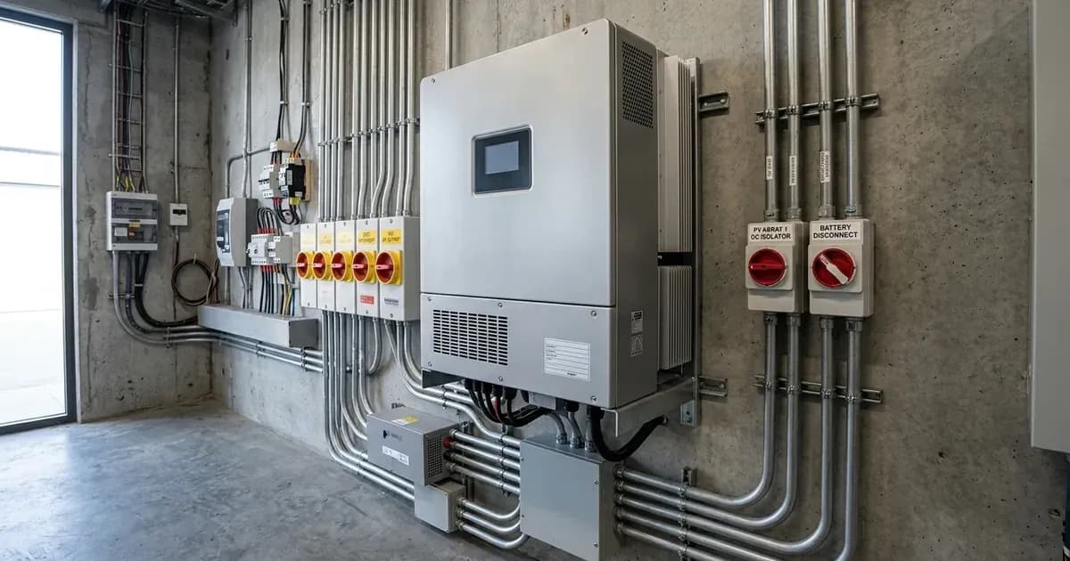 Commercial three-phase hybrid solar inverter with conduit wiring and disconnect switches in a utility room. — SolarNevs spec card
