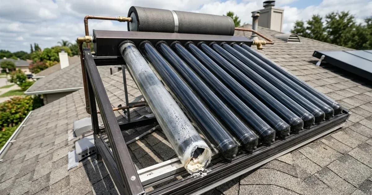 Solar water heater evacuated glass tubes on a rooftop with one cloudy damaged vacuum tube. — SolarNevs spec card
