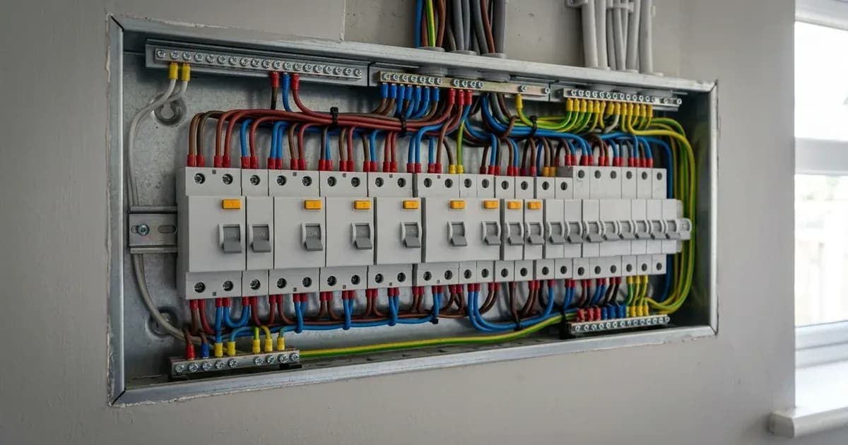 Residual current breaker and RCBO switches mounted on a DIN rail inside a distribution board. — SolarNevs spec card