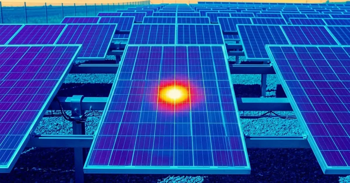 Thermal infrared imaging scan of a solar panel showing a bright localized hot spot on a single cell. — SolarNevs spec card
