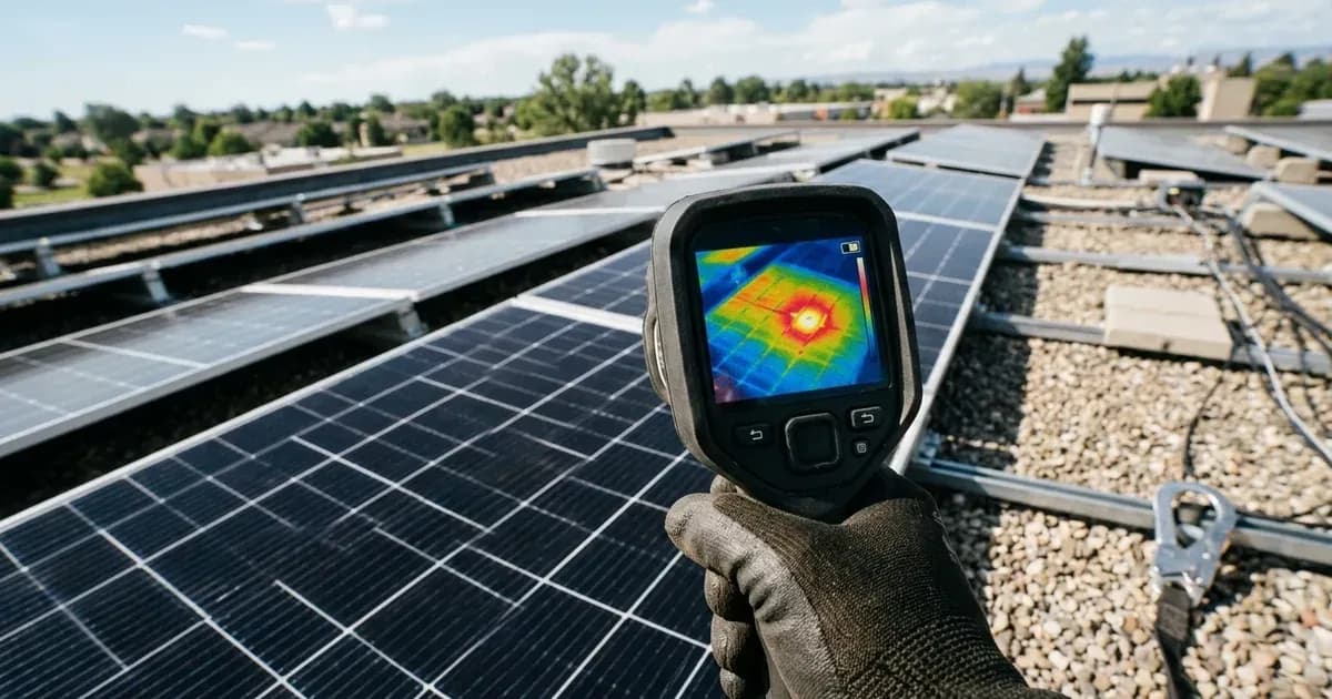 Thermal imaging camera diagnostic scan showing temperature variation across a rooftop solar panel. — SolarNevs spec card