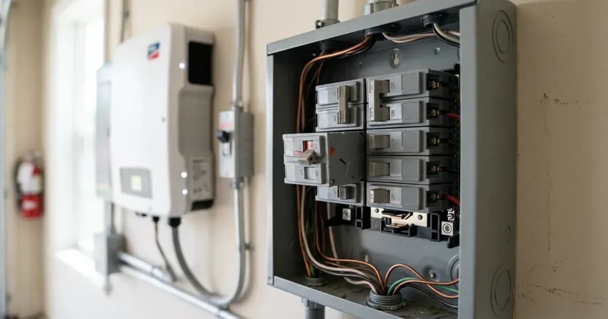 Tripped circuit breaker switch inside an electrical panel with a wall-mounted solar inverter in the background. — SolarNevs spec card