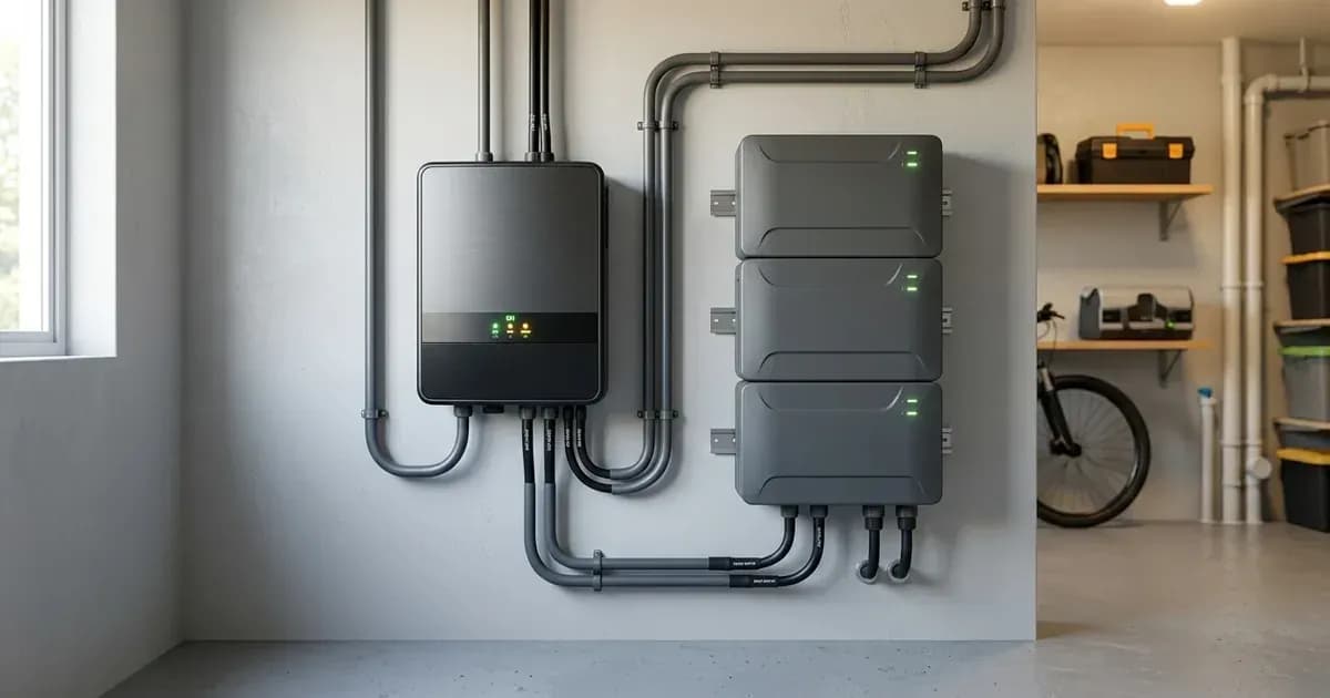 Residential hybrid solar inverter and matching wall-mounted battery energy storage system in a garage. — SolarNevs spec card