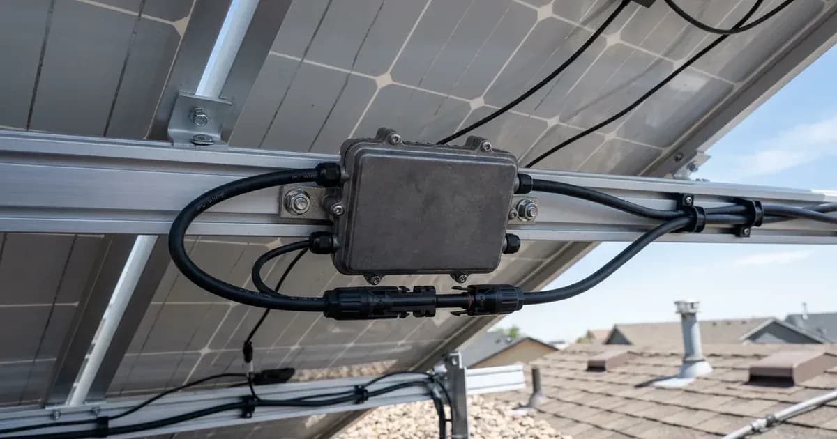 A DC power optimizer module mounted to the metal mounting rail behind a rooftop solar panel. — SolarNevs spec card