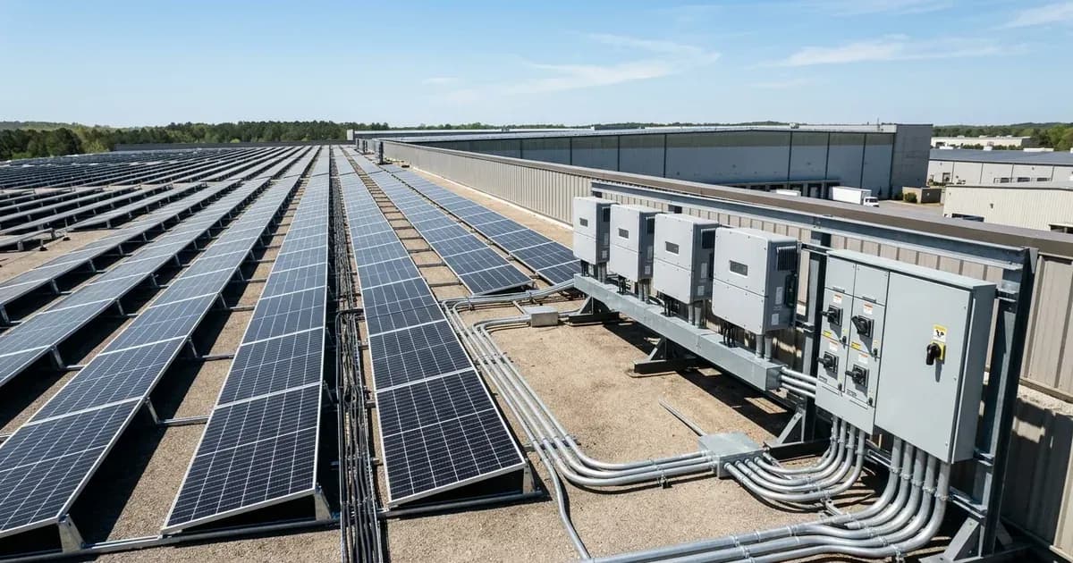 Commercial rooftop solar array with three-phase inverters and electrical conduit installation. — SolarNevs spec card