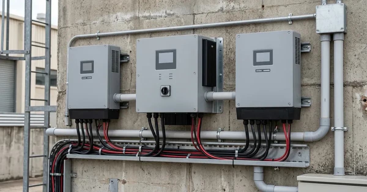Modular three-phase commercial solar inverter units installed on an exterior wall with neat conduit cabling. — SolarNevs spec card
