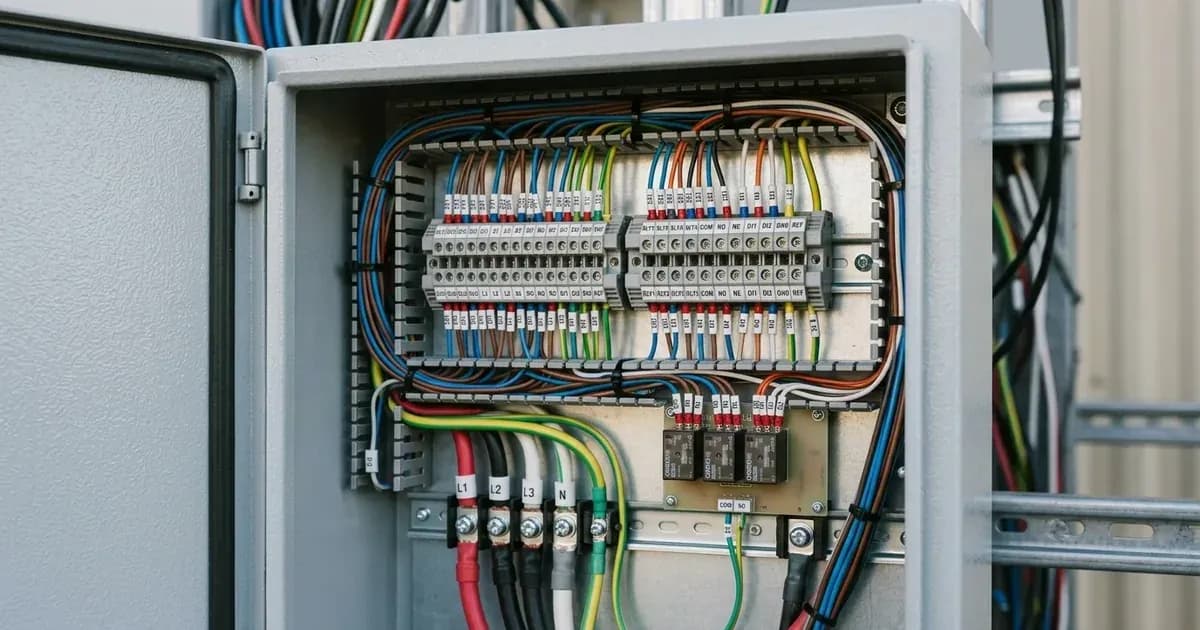Open wiring compartment of a commercial solar inverter showing terminal blocks and control wiring connections. — SolarNevs spec card