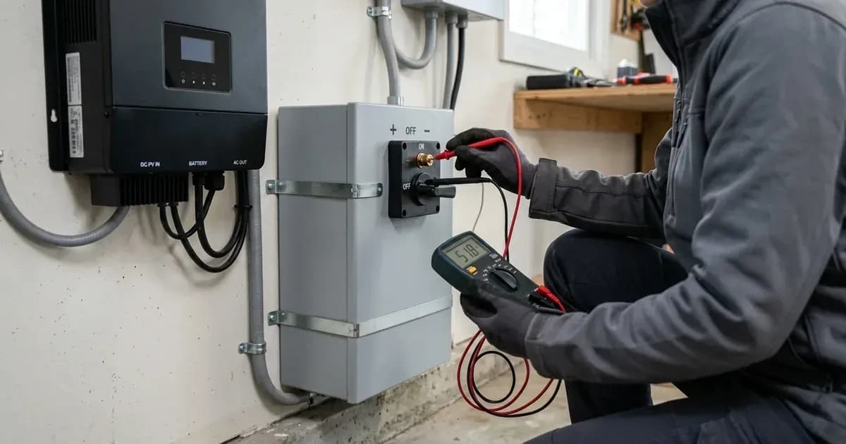 Digital multimeter probes testing DC battery terminal voltage beside a wall-mounted solar inverter. — SolarNevs spec card
