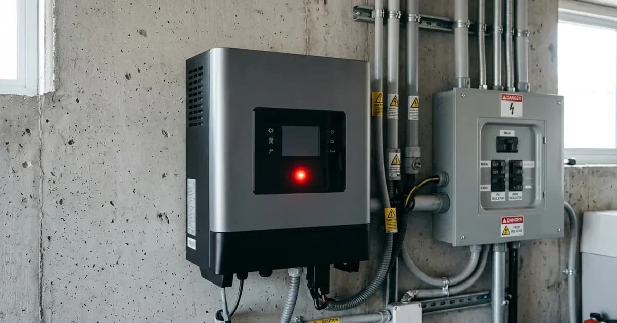 Solar inverter on a utility wall with an illuminated red status light beside an electrical distribution panel. — SolarNevs spec card