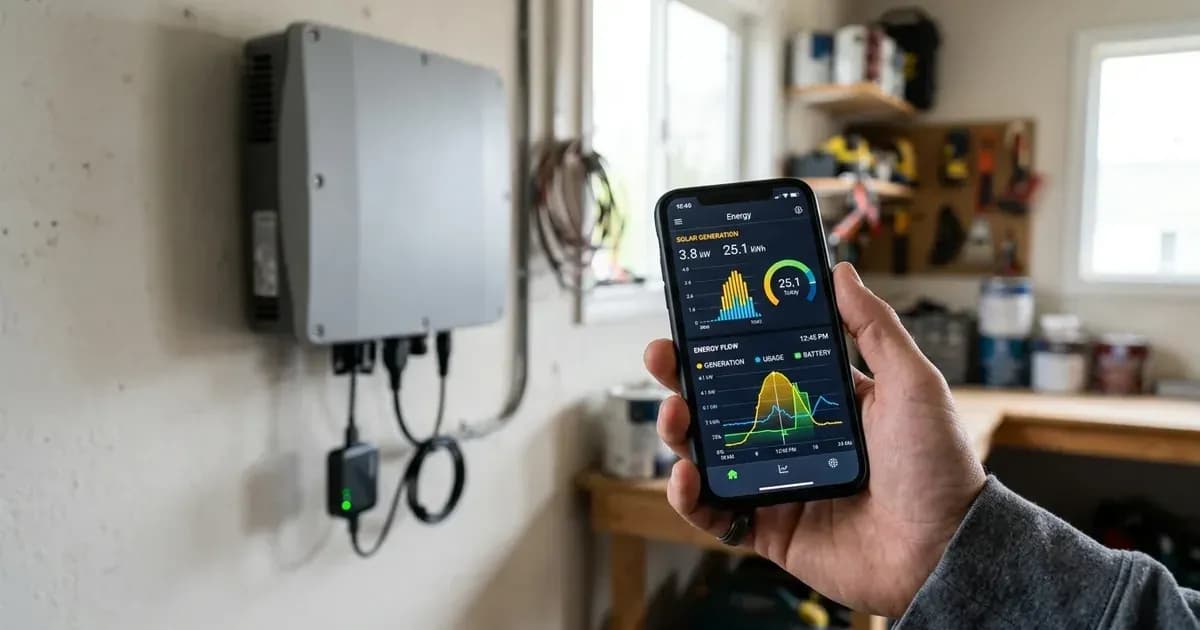 Smartphone displaying a solar monitoring dashboard held in front of a wall-mounted solar inverter. — SolarNevs spec card
