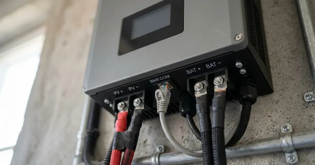 RJ45 communication cable connected to the BMS communication port underneath a hybrid solar inverter. — SolarNevs spec card