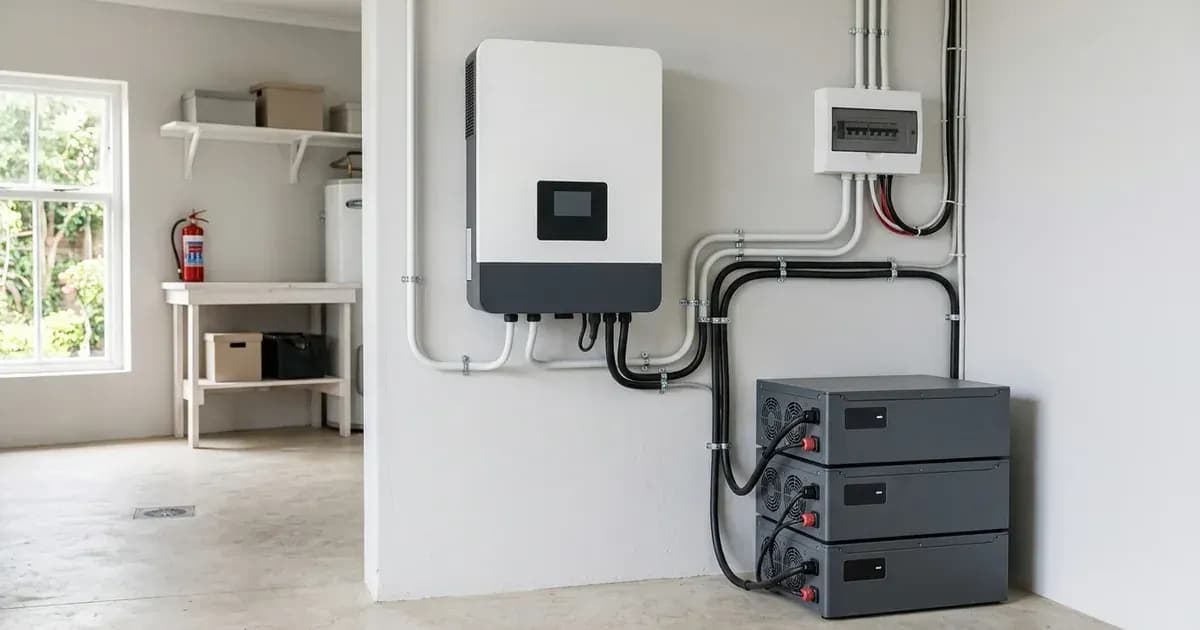 Wall-mounted hybrid solar inverter beside modular lithium battery storage in a residential utility room. — SolarNevs spec card