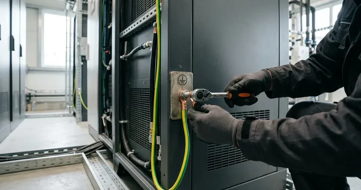 Technician connecting green and yellow grounding cable to a high-voltage battery enclosure terminal. — SolarNevs spec card