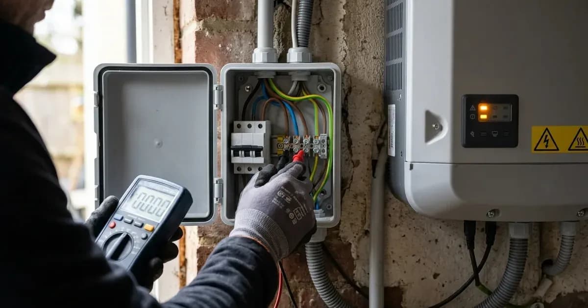 Digital multimeter test probes measuring AC voltage terminals in an electrical disconnect box. — SolarNevs spec card
