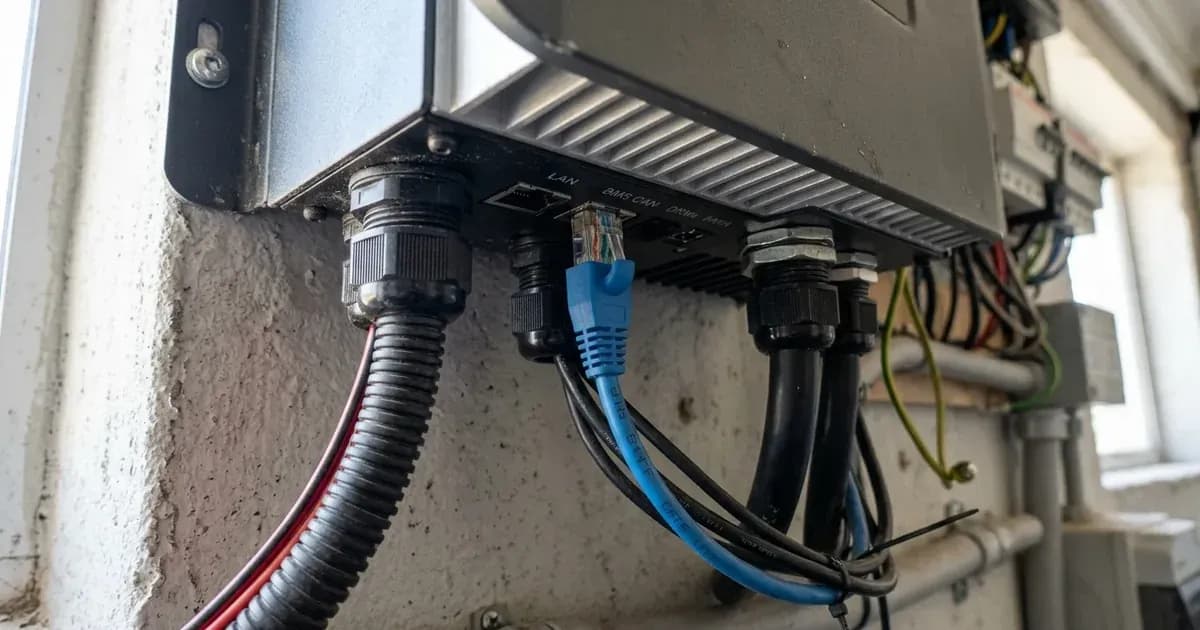 RJ45 communication cable plugged into the BMS CAN port on the underside of a hybrid solar inverter. — SolarNevs spec card